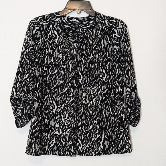 NOTATIONS Black, Gray Casual Button Blouse; Roll-Tab Sleeves; Size PM - Picture 1 of 5